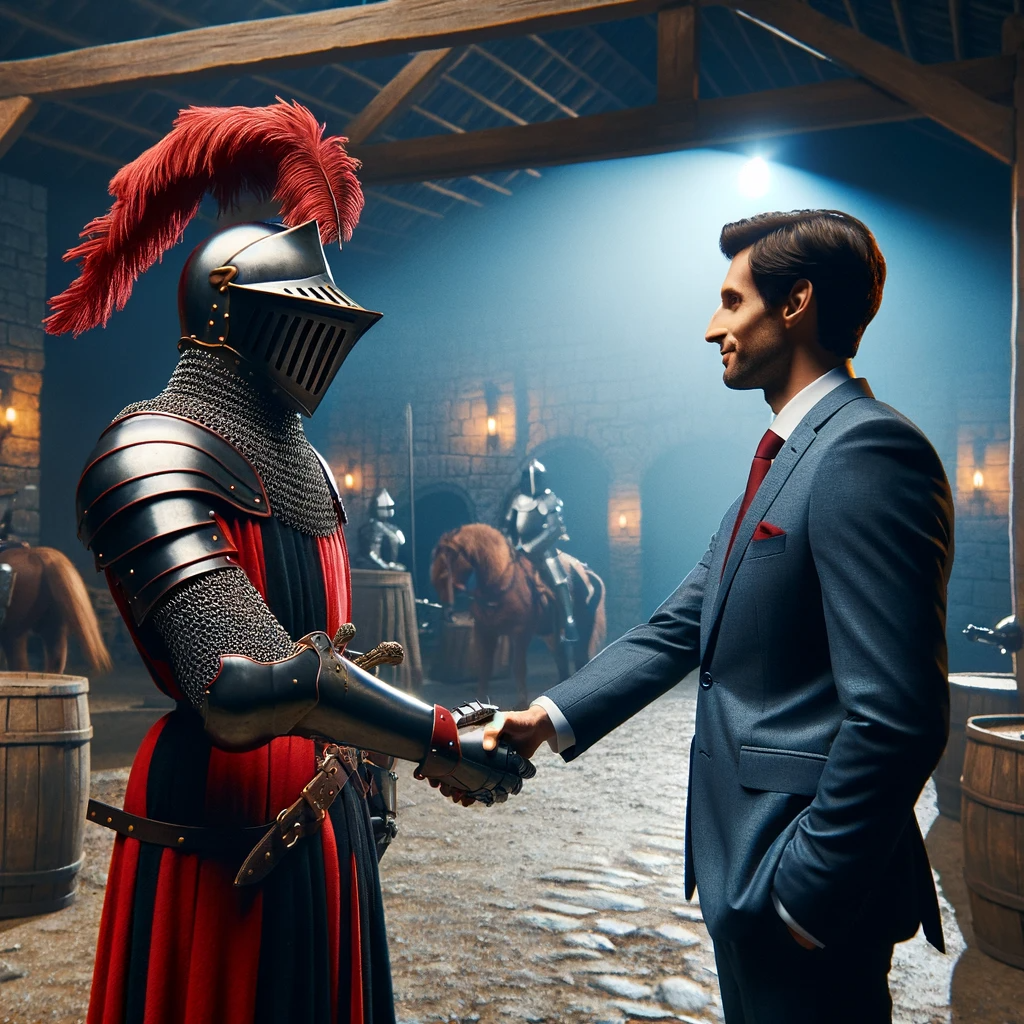 Knight in read and black shaking a businessman's hand