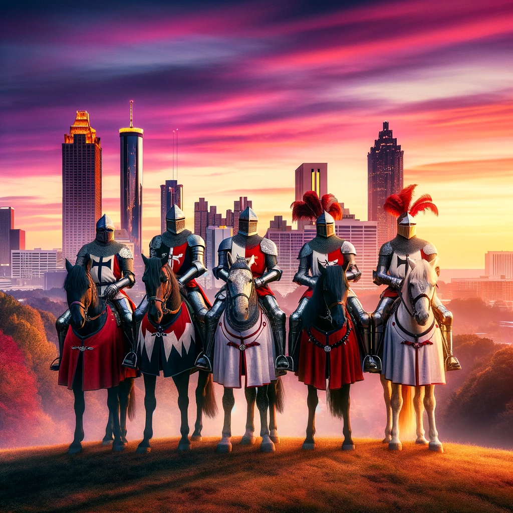 Four knights in red and black armor, mounted on horses, standing on a hill with the Atlanta cityscape in the background. The scene is set around sunse