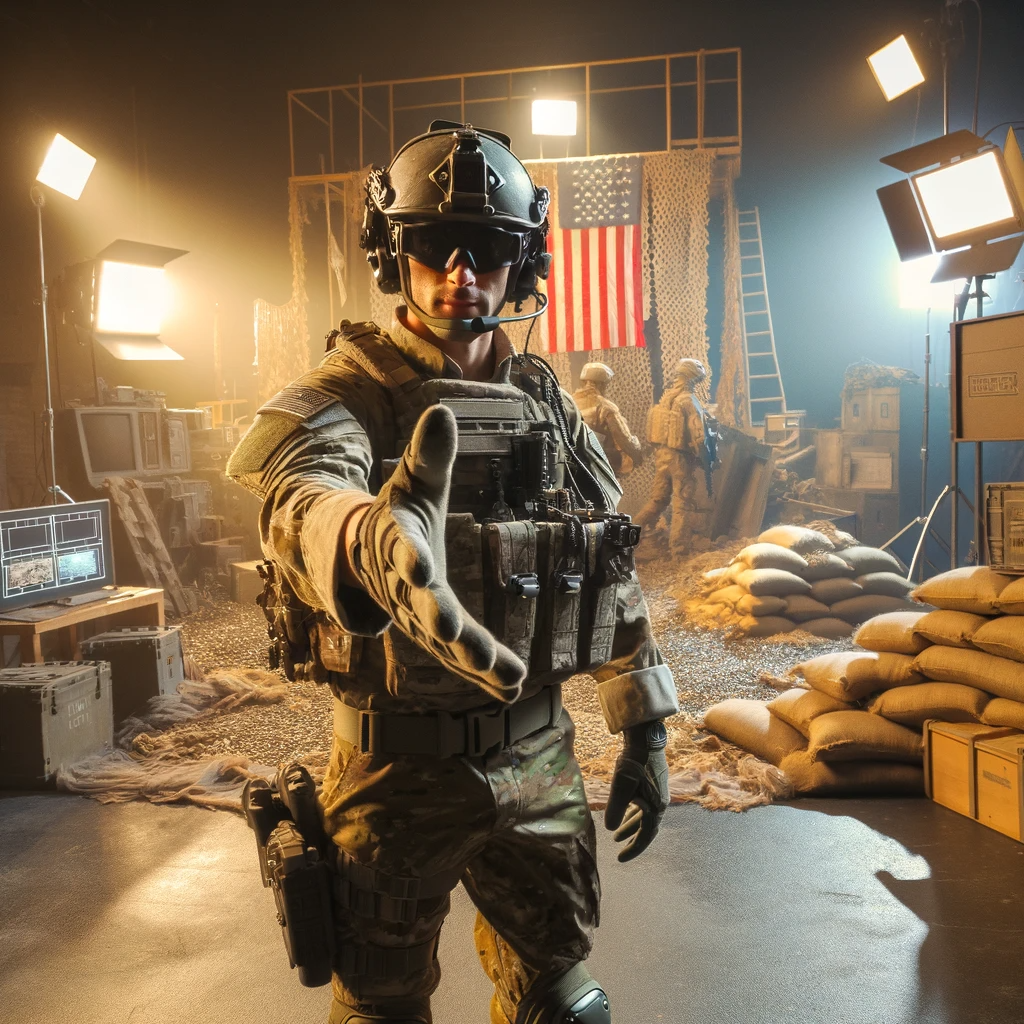 DALL·E 2023-11-14 14.10.44 - A US Army operator depicted from the waist up, set on a movie set designed to look like a war zone in Afghanistan. The operator is in full military ki