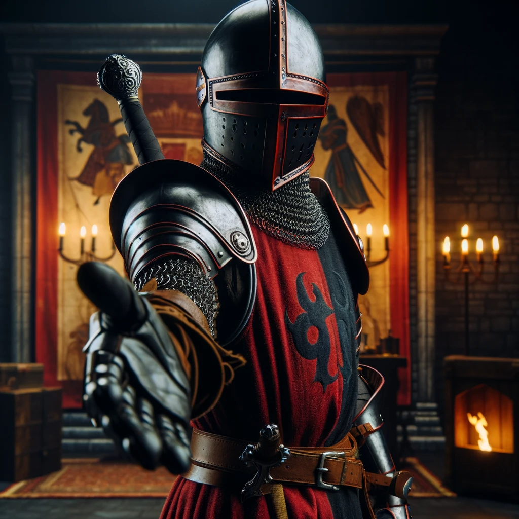 DALL·E 2023-11-14 14.28.45 - A knight in red and black armor, depicted from the waist up. The knight is not wearing a helmet, revealing his face, and has a sheathed sword attached